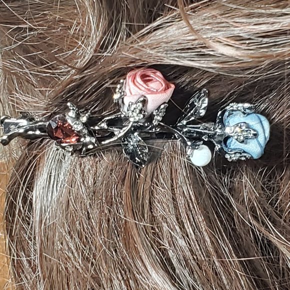 Coral Pink & Cornflower Blue Silk Petite Roses Barrette - Pearl - Garnet Crystal - Picture 4 of 10